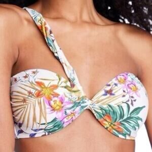 Shade & Shore White Tropical Floral Bikini Top with Teal and Pink Accents